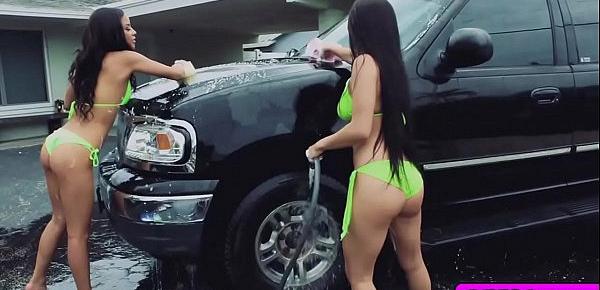 College carwash babes go crazy over a giant dick